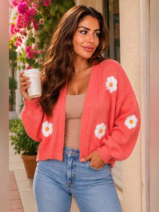 Peach Love California Sweaters - Bloom & Blossom Daisy Cardigan in Coral Pink